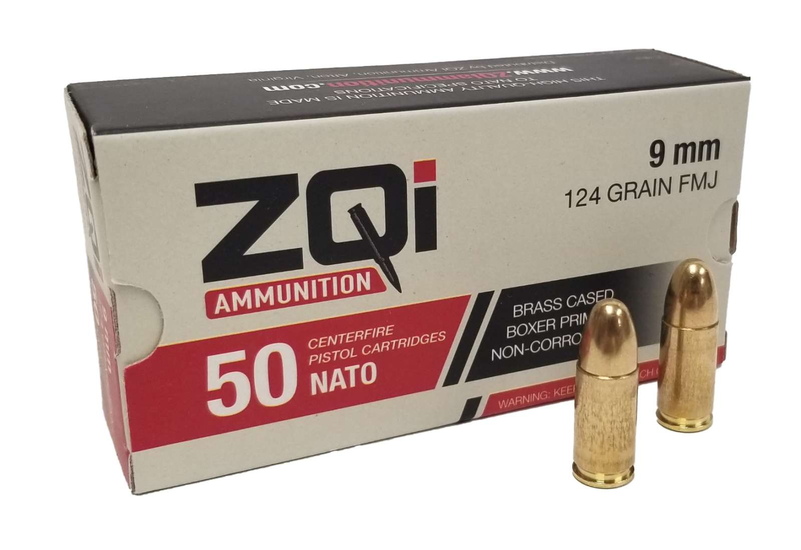 ZQI 9mm NATO Handgun Ammo - 124 Grain, Brass Cased, FMJ, 50rd Box