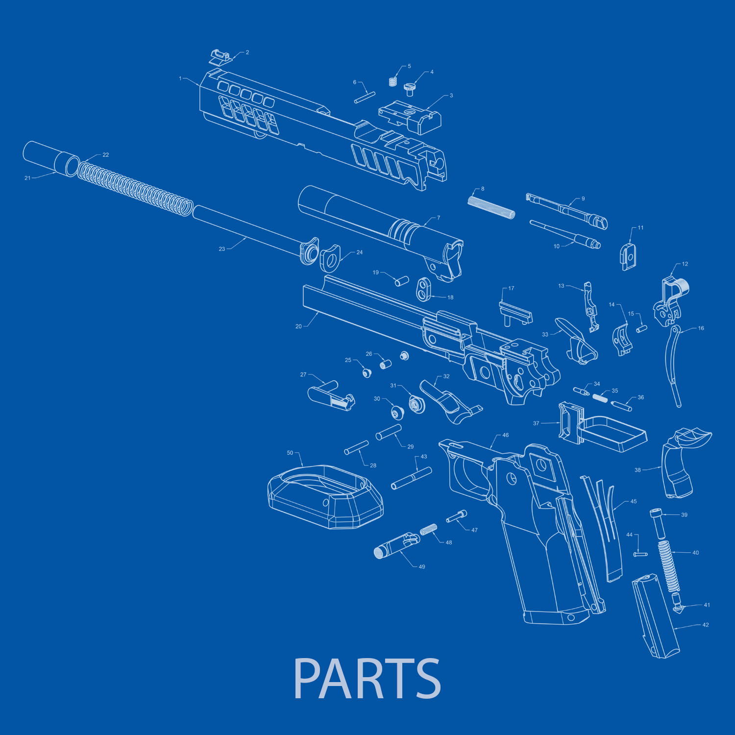 Diagram of all pistol parts we sell. Image links to our 1911/2011 parts page.